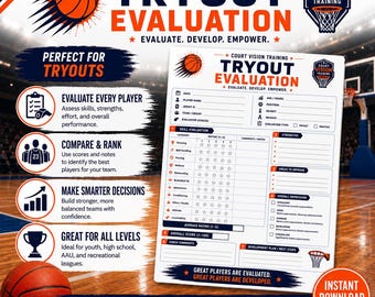 Basketball Tryout Evaluation Sheet | Coach Assessment Form | Basketball Tryout Scorecard | Printable Player Evaluation PDF| Instant Download