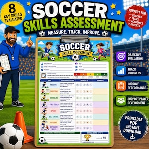 May include: A soccer skills assessment clipboard featuring a grid to evaluate eight key skills including passing, shooting, dribbling, first touch, speed, ball control, heading, and defensive skills with a rating scale from one to five for each.