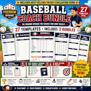 May include: A digital baseball coach bundle featuring 27 printable templates including a practice planner, team roster, tryout evaluation, player evaluation, training journal, and goal setting sheets. The design includes blue and red text on a white background.