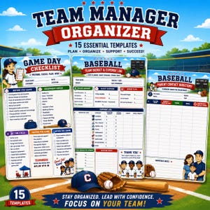 Può includere: Un set di organizzatori digitali per squadre di baseball con tre modelli stampabili: una lista di controllo per il giorno della partita, un registro di budget e spese e un elenco di contatti dei genitori.