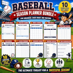 Könnte beinhalten: Ein Baseball-Saisonplaner-Paket mit 10 Vorlagen, darunter Saisonziele, Trainingsplaner, Wochenplan, Spielnotizen, Pitch-Count-Tracker, Teamkader, Anwesenheitsliste, Turnierplan, Ausrüstungs-Checkliste und Saisonrückblick.