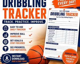 Afdrukbare basketbaldribbeltracker | Trainingslogboek basketbal voor jongeren | Voortgangsblad balbehandeling | Basketbaltraining-tracker pdf