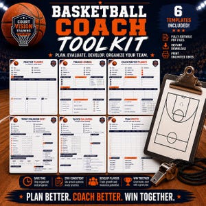 Pode incluir: Um kit de ferramentas para treinador de basquete com seis modelos imprimíveis, incluindo um planejador de treino, diário e lista de equipe. O conjunto inclui uma prancheta com diagrama de quadra e um apito. Texto: "Basketball Coach Tool Kit".