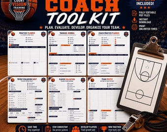Basketball Coach Toolkit Bundle | Practice Planner, Coach Planner, Training Journal, Team Roster, Player Evaluation & Tryout Evaluation Form