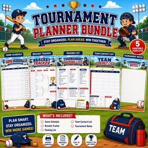 Baseball Tournament Planner Bundle | Game Schedule | Bracket Tracker | Team Contact List | Coach Printable PDF