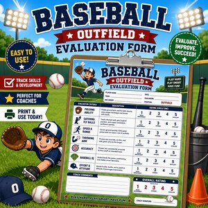 Può includere: Un modulo di valutazione per esterni di baseball su una cartellina con un giocatore dei cartoni animati in uniforme blu, una tabella delle abilità, scale di valutazione da uno a cinque e testo come Baseball Outfield Evaluation Form.