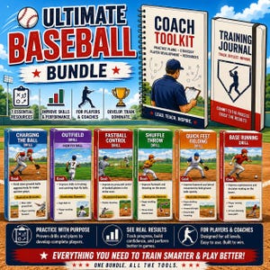 Puede incluir: El Ultimate Baseball Bundle incluye un Coach Toolkit, un Training Journal y seis tarjetas de ejercicios tituladas Charging the Ball, Outfield Drill, Fastball Control, Shuffle Throw, Quick Feet Fielding y Base Running Drill con gráficos.