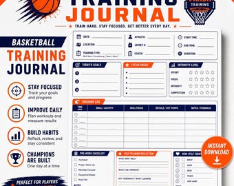Basketball Training Journal | Player Development Workbook | Basketball Practice Log | Athlete Progress Tracker |Printable Basketball Journal