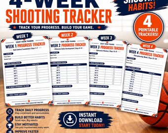 Bundel basketbalvoortgangstracker van 4 weken | Afdrukbaar trainingslogboek basketbal | pdf-trainingstracker voor basketbaltrainingen voor jongeren | Direct downloaden