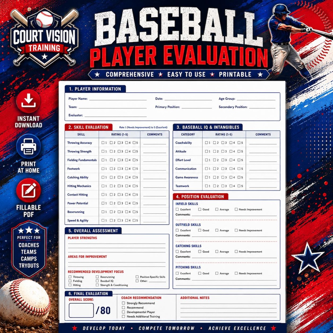 Baseball Player Evaluation Form Printable PDF | Baseball Tryout ...
