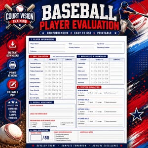 May include: A white baseball player evaluation form with blue and red text and accents. The document includes sections for player information, skill evaluation, baseball IQ, position evaluation, overall assessment, and a final score out of 80.