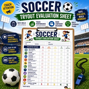 Peut inclure: Une fiche d'évaluation pour essais de football sur un presse-papier, présentant une grille pour noter des compétences comme le contrôle du ballon, la passe et le tir. Le document inclut des champs pour le nom, l'âge, le poste et l'évaluateur.
