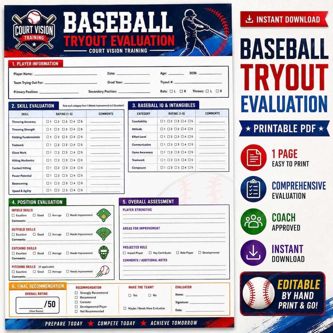 Baseball Tryout Evaluation Form Printable PDF | Coach Player Assessment ...