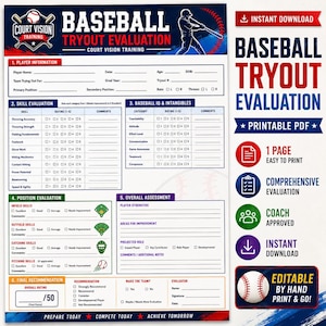 Baseball Tryout Evaluation Form Printable PDF | Coach Player Assessment Sheet | Youth Baseball Evaluation Template | Instant Download
