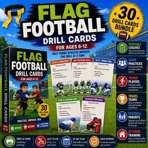 Könnte beinhalten: Ein 30-teiliges Flag-Football-Übungskarten-Set für Kinder von 6-12 Jahren, bestehend aus einer Box und einzelnen Karten mit Anleitungen für offensive und defensive Fertigkeiten wie Passfang, QB-Beinarbeit, Blitz-Timing und Tackling-Techniken.