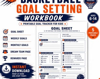 Arbeitsbuch zur Einstellung von Basketball für Kinder | Druckbarer Tor-Tracker | Wöchentliche & Monatliche Ziele | Jugend Basketball Training Printable | Sofort