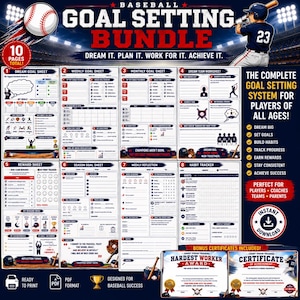 Può includere: Un pacchetto per la definizione degli obiettivi di baseball con 10 pagine stampabili, inclusi fogli degli obiettivi, tracker delle abitudini e tabelle dei premi. Il design include un giocatore di baseball, uno stadio e il testo BASEBALL GOAL SETTING BUNDLE.