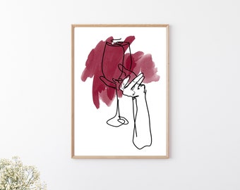 Wine Glass Line Art Print | Digital Download | Minimalist Wall Art | Red Wine Art Print | Line Wall Art | Printable Wall Art | Line Art