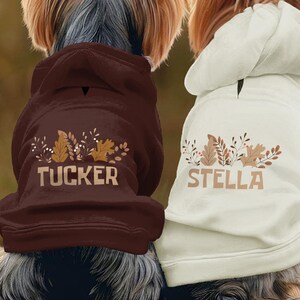 May include: Two small dogs wearing hooded sweatshirts. One dog wears a dark brown hoodie with the name TUCKER and a leaf graphic. The other dog wears a cream-colored hoodie with the name STELLA and a leaf graphic. Both hoodies feature hoods.