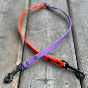 Op de afbeelding: Een tweekleurige hondenriem in oranje en paars, met zwarte metalen sluitingen en klinknagels. De riem is gemaakt van een flexibel, waterdicht materiaal en is ontworpen voor het uitlaten van twee honden.