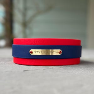 May include: A layered collar featuring two bright red bands and a central navy blue band. A gold-toned metal identification plate is attached to the center, engraved with the name BECKS and the phone number 954-288-5555, flanked by two small red crystals.