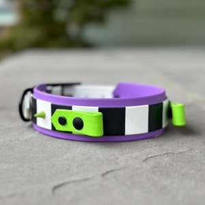 May include: A purple and white striped dog collar with a green buckle and black accents.