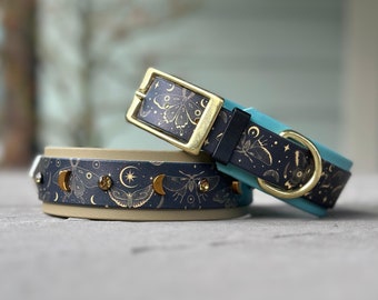 May include: Two pet collars featuring a dark blue strap with a gold moth, moon, and star pattern. One collar has a tan interior and gold metal hardware, while the other has a teal interior, a gold buckle, and a gold D-ring for leash attachment.