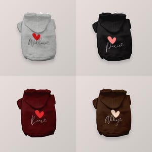 May include: Four pet hoodies in gray, black, maroon, and brown, each featuring a hood and a heart graphic above a name written in cursive script. The names printed on the hoodies are Willow, Pixie, Bear, and Abby, with heart colors matching the text.