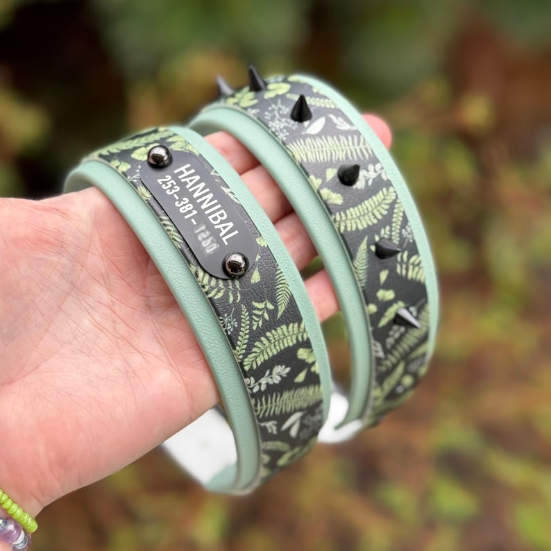 Puede incluir: Dos collares para mascotas con superficie negra, estampado de hojas de helecho verdes y forro interior verde claro. Uno incluye una placa met&aacute;lica negra con el texto HANNIBAL y 253-381-1260, mientras que el otro presenta pinchos negros.