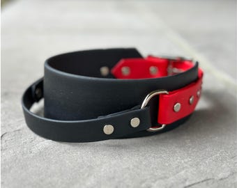 May include: A black and red dog collar with silver hardware and a wide, flat design.