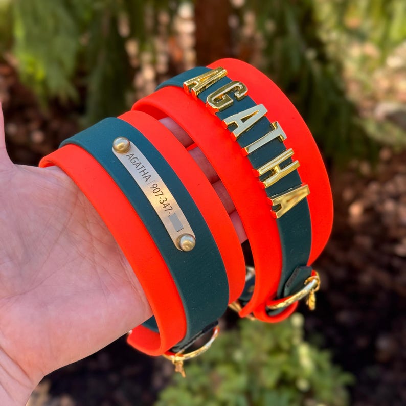 May include: Two dark green and bright orange silicone collars. One features gold-toned block letters spelling AGATHA. The other has a gold-toned metal plate engraved with AGATHA 907-347 and two gold-toned rivets.
