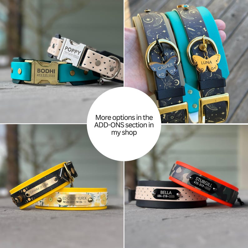 May include: A collection of dog collars in various colors including teal, yellow, black, and orange, featuring metal buckles and nameplates engraved with names and phone numbers. Some collars have patterns like hearts, celestial motifs, or floral prints.
