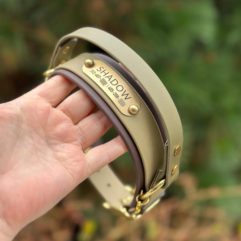 May include: A tan and dark brown pet collar featuring a brass nameplate engraved with the name SHADOW and two phone numbers. The collar includes brass hardware, including rivets and a D-ring, and has a smooth, layered construction.