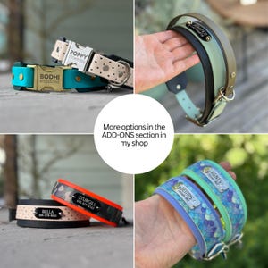 May include: A collection of waterproof dog collars in various colors and patterns, including teal, cream with hearts, camouflage, and mermaid scales. Each collar features a metal buckle engraved with a name and phone number.