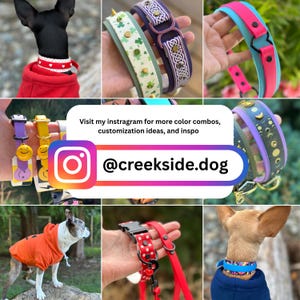 May include: A collection of dog collars featuring various patterns including hearts, shamrocks, Celtic knots, celestial motifs, and polka dots, along with solid colors, some with charms and buckles, and text reading Visit my instagram for more color combos, customization ideas, and inspo @creekside.dog