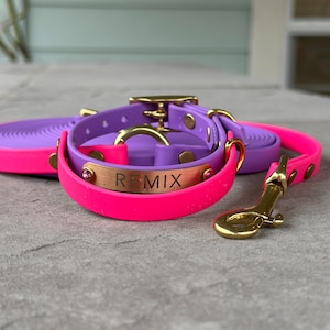 May include: A bright pink and purple waterproof dog collar and leash set featuring gold-toned metal hardware. The collar includes a rectangular metal nameplate engraved with the text REMIX and two small pink crystal accents on the sides.
