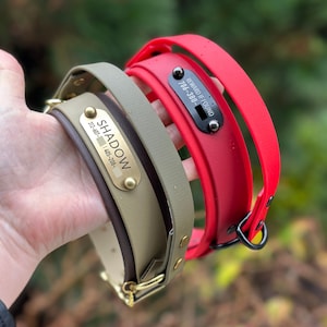 Puede incluir: Dos collares para mascotas, uno de color verde oliva con una placa de lat&oacute;n grabada con el nombre SHADOW y un n&uacute;mero de tel&eacute;fono, y otro de color rojo brillante con una placa negra grabada con el texto REWARD IF FOUND y un n&uacute;mero de tel&eacute;fono.