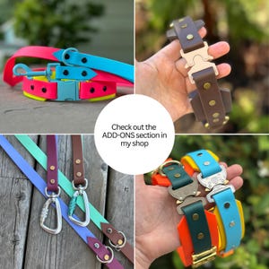 Puede incluir: Una colecci&oacute;n de collares y correas para perros en varios colores, incluyendo rosa ne&oacute;n, amarillo, azul, naranja y verde. Los collares tienen hebillas y herrajes met&aacute;licos. La imagen incluye el texto: "Check out the ADD-ONS section in my shop."