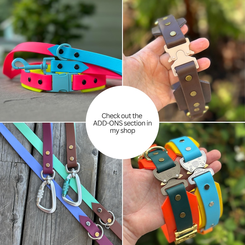 Puede incluir: Una colecci&oacute;n de collares y correas para perros en varios colores, incluyendo rosa ne&oacute;n, amarillo, azul, naranja y verde. Los collares tienen hebillas y herrajes met&aacute;licos. La imagen incluye el texto: "Check out the ADD-ONS section in my shop."