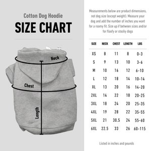 Size chart for cotton dog hoodies. Sizes XS to XL, for tiny toy breeds to large breeds