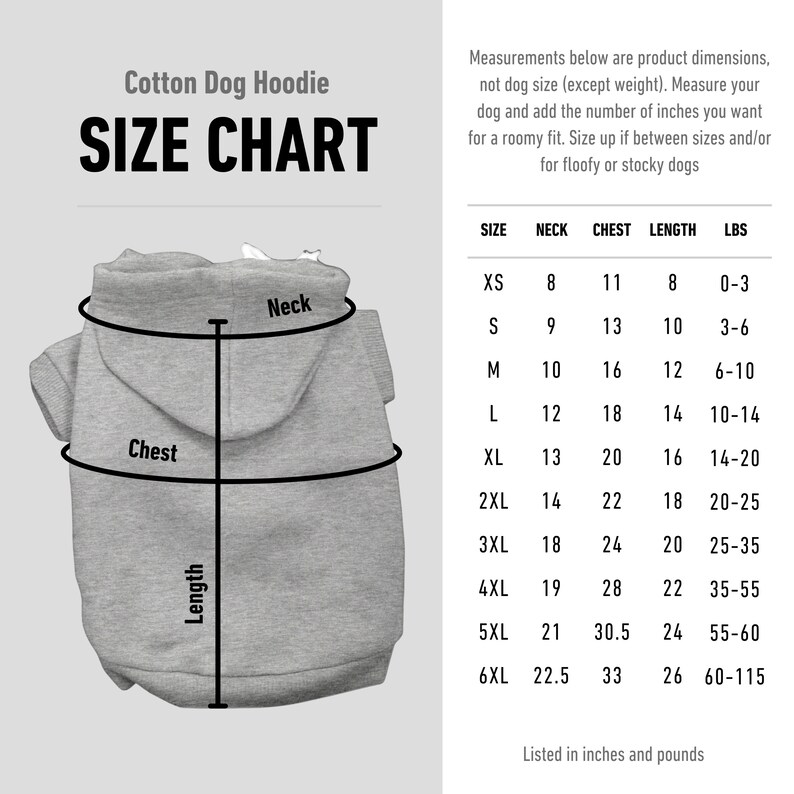 Size chart for cotton dog hoodies. Sizes XS to XL, for tiny toy breeds to large breeds