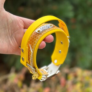 May include: A bright yellow pet collar featuring a honeycomb pattern on the inner band. A silver-toned metal nameplate is attached, engraved with the name SAGE and a phone number, accented by two small yellow crystals and a honeycomb-shaped charm.