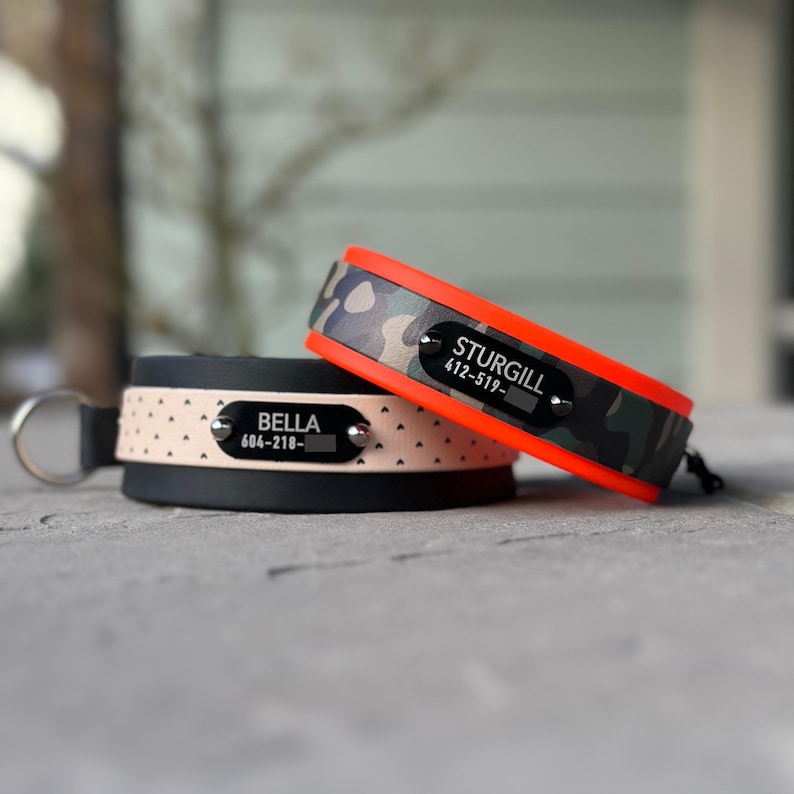 Puede incluir: Dos collares para mascotas con placas de identificaci&oacute;n met&aacute;licas. Un collar es negro con una banda rosa claro con peque&ntilde;os corazones negros y el nombre BELLA. El otro tiene un patr&oacute;n de camuflaje con borde naranja brillante y el nombre STURGILL.