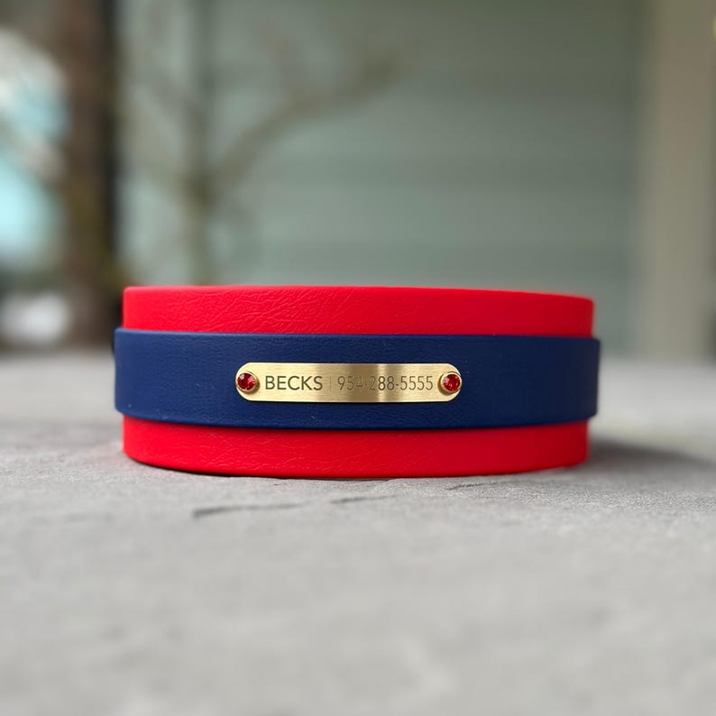 May include: A layered collar featuring two bright red bands and a central navy blue band. A gold-toned metal identification plate is attached to the center, engraved with the name BECKS and the phone number 954-288-5555, flanked by two small red crystals.