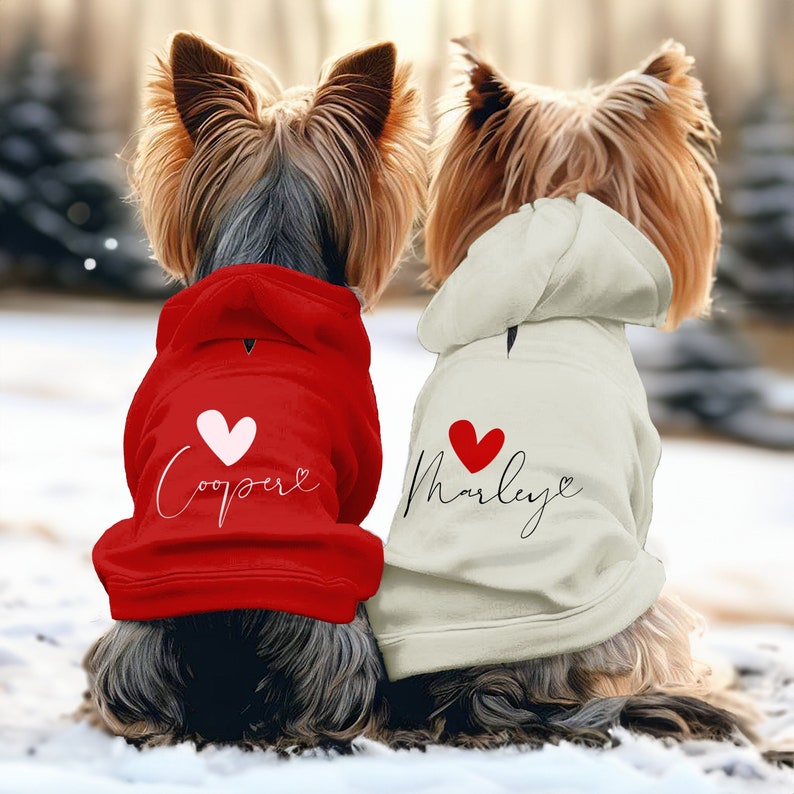 Cute dogs wear cozy red and cream hoodies with hearts and their names written on them