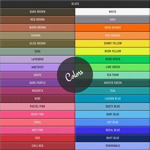 Puede incluir: Una carta de colores con un encabezado negro y un encabezado blanco. La tabla muestra una variedad de muestras de color, incluyendo tonos de marr&oacute;n, p&uacute;rpura, rosa y rojo a la izquierda, y tonos de blanco, naranja, amarillo y azul a la derecha. La palabra "Colors" est&aacute; en el centro.