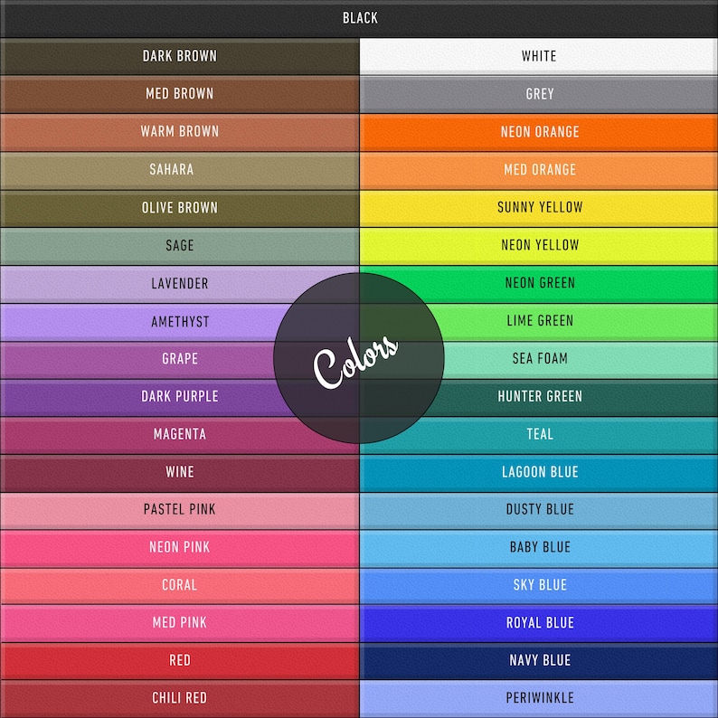 Puede incluir: Una carta de colores con un encabezado negro y un encabezado blanco. La tabla muestra una variedad de muestras de color, incluyendo tonos de marr&oacute;n, p&uacute;rpura, rosa y rojo a la izquierda, y tonos de blanco, naranja, amarillo y azul a la derecha. La palabra "Colors" est&aacute; en el centro.