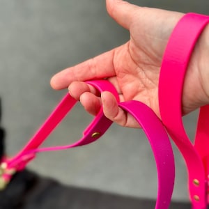 Può includere: Guinzaglio per cani rosa acceso con finiture dorate. Il guinzaglio è realizzato in un materiale liscio e flessibile ed è tenuto in una mano. Il guinzaglio è di un colore vivace e uniforme.