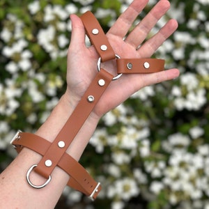 Puede incluir: Un arn&eacute;s de cuero marr&oacute;n con herrajes met&aacute;licos plateados. El arn&eacute;s presenta correas ajustables, anillos met&aacute;licos y cierres de bot&oacute;n a presi&oacute;n. El dise&ntilde;o incluye una correa para el pecho y correas para la mu&ntilde;eca.