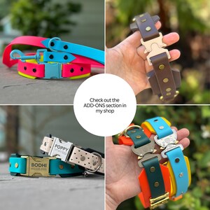 May include: A collage of dog collars in various colors, including neon pink, yellow, teal, and orange. Some collars have personalized nameplates. The text "Check out the ADD-ONS section in my shop" is also visible.